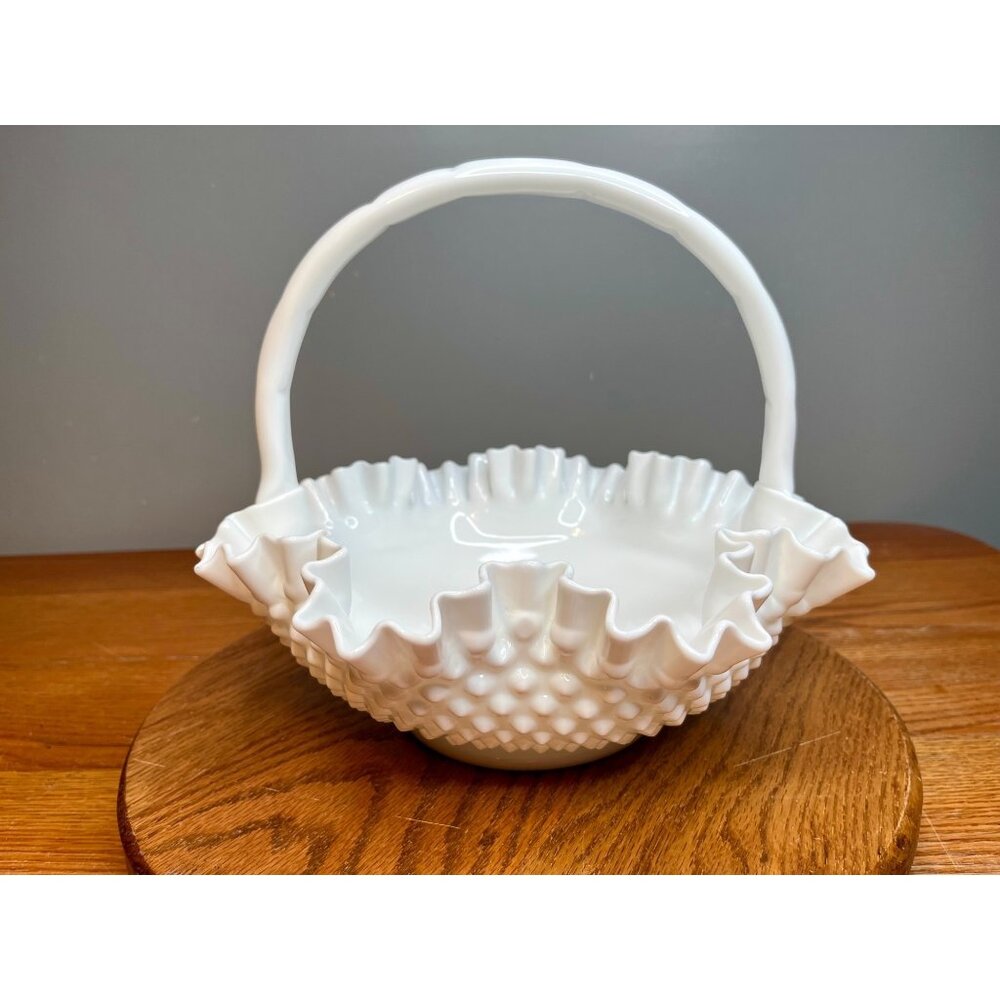 Vintage Fenton Large Milk Glass Hobnail Ruffled Edge Basket With Handle (11” dia